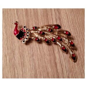 VINTAGE Statement Peacock Bird Brooch Pin Bejeweled Pop Of color Gold Red.